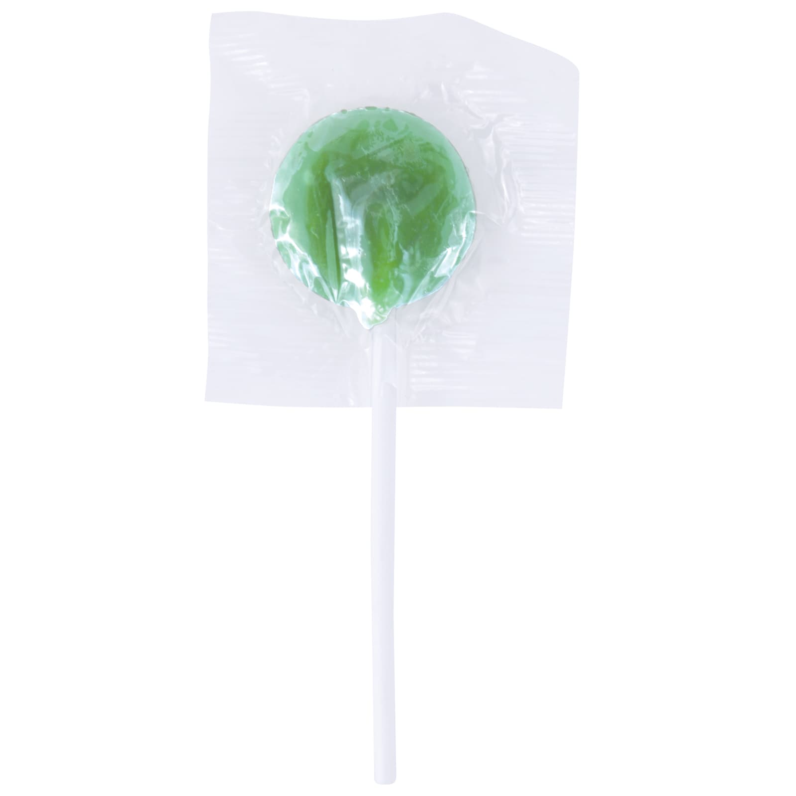An orange lollipop in clear packaging with a white stick, featuring a simple design.