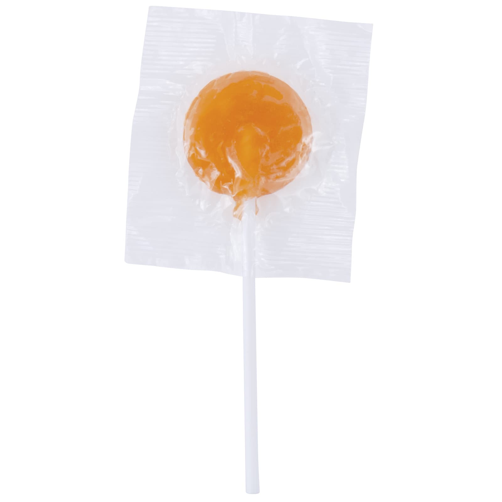 A purple lollipop wrapped in clear plastic with a white stick and a branding logo.