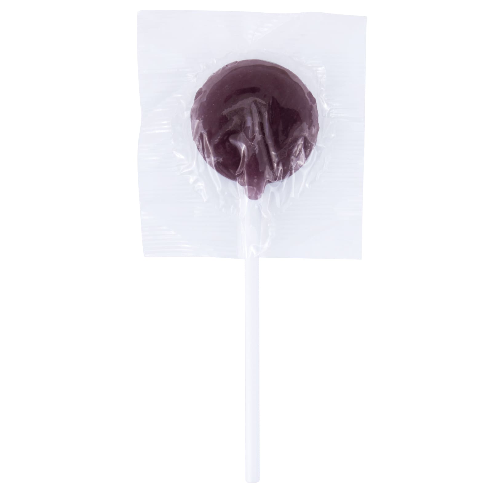 A red lollipop packaged in clear plastic with a white stick.