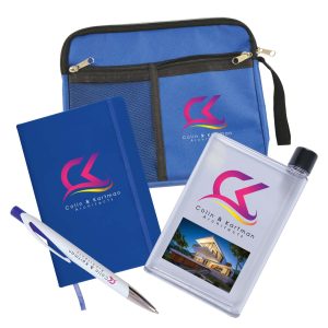 A drink bottle, a notebook, a pen, and a zippered pouch, all featuring a logo, are included in the Conference Pack.