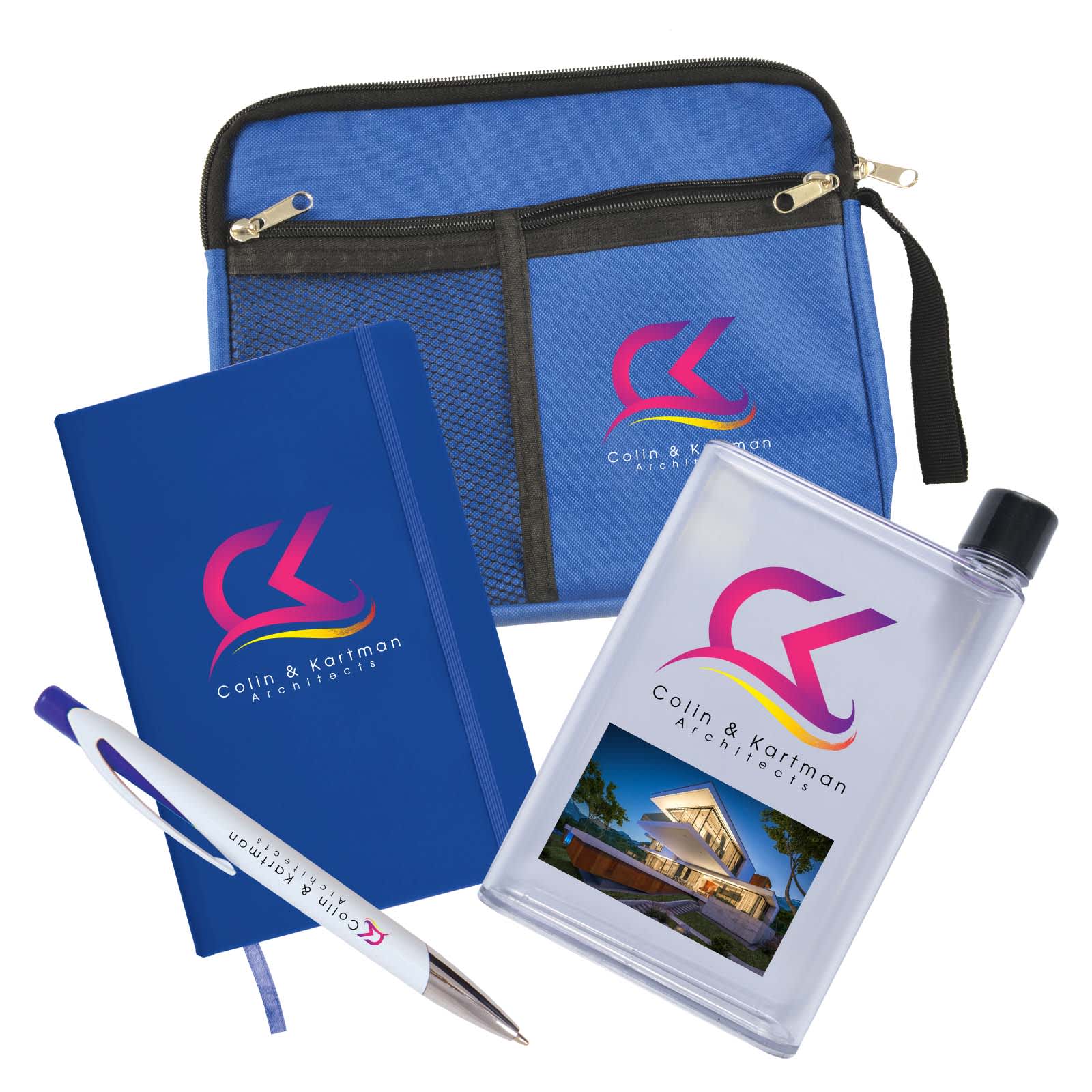 A drink bottle, a notebook, a pen, and a zippered pouch, all featuring a logo, are included in the Conference Pack.