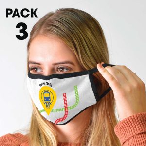 A face mask designed with a travel-themed graphic and the text "Travel Safe."