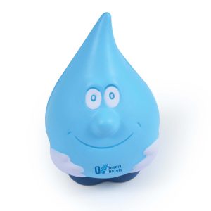 A blue water drop stress reliever with a smiling face and arms, featuring a logo on the base.