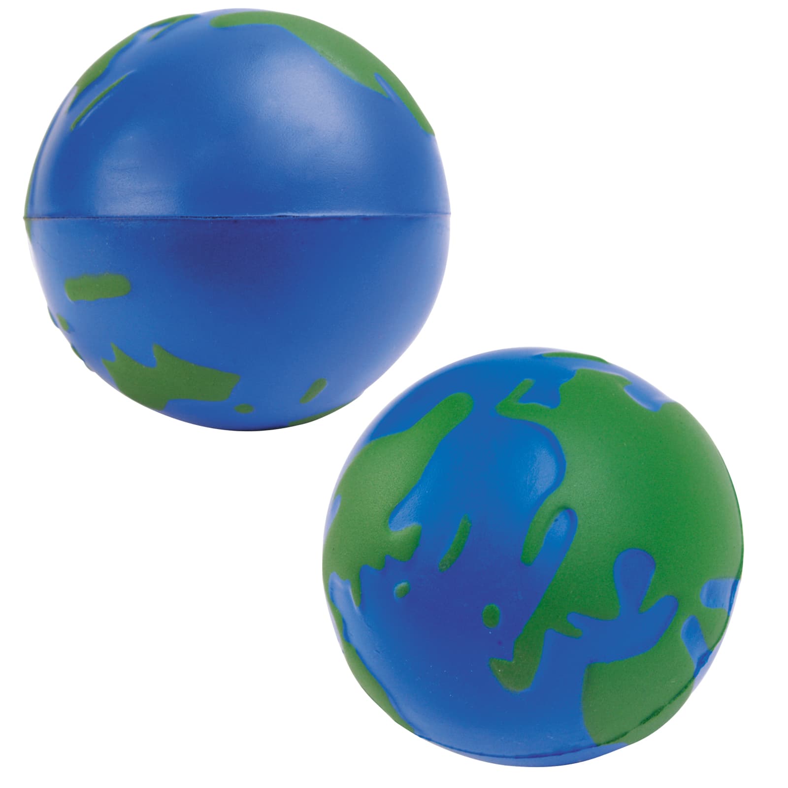 A stress ball designed as a globe, featuring blue and green colors representing land and oceans.