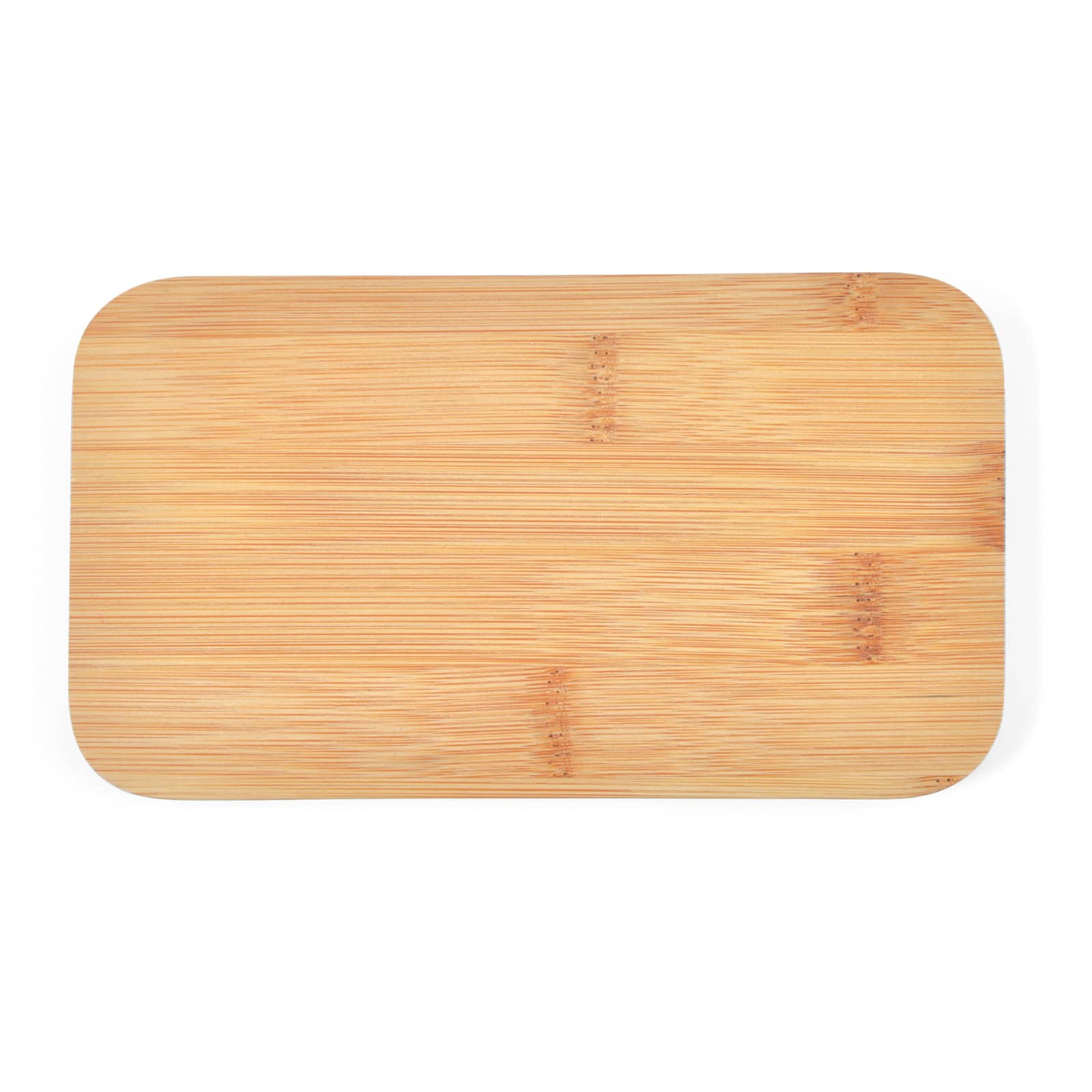A pink lunch box with a bamboo lid and an engraved logo, featuring a divided interior.