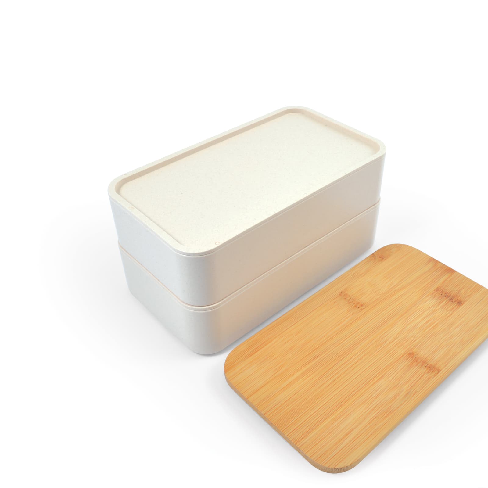 A light blue lunch box with a sleek design, featuring a logo and a black geometric pattern on the lid.