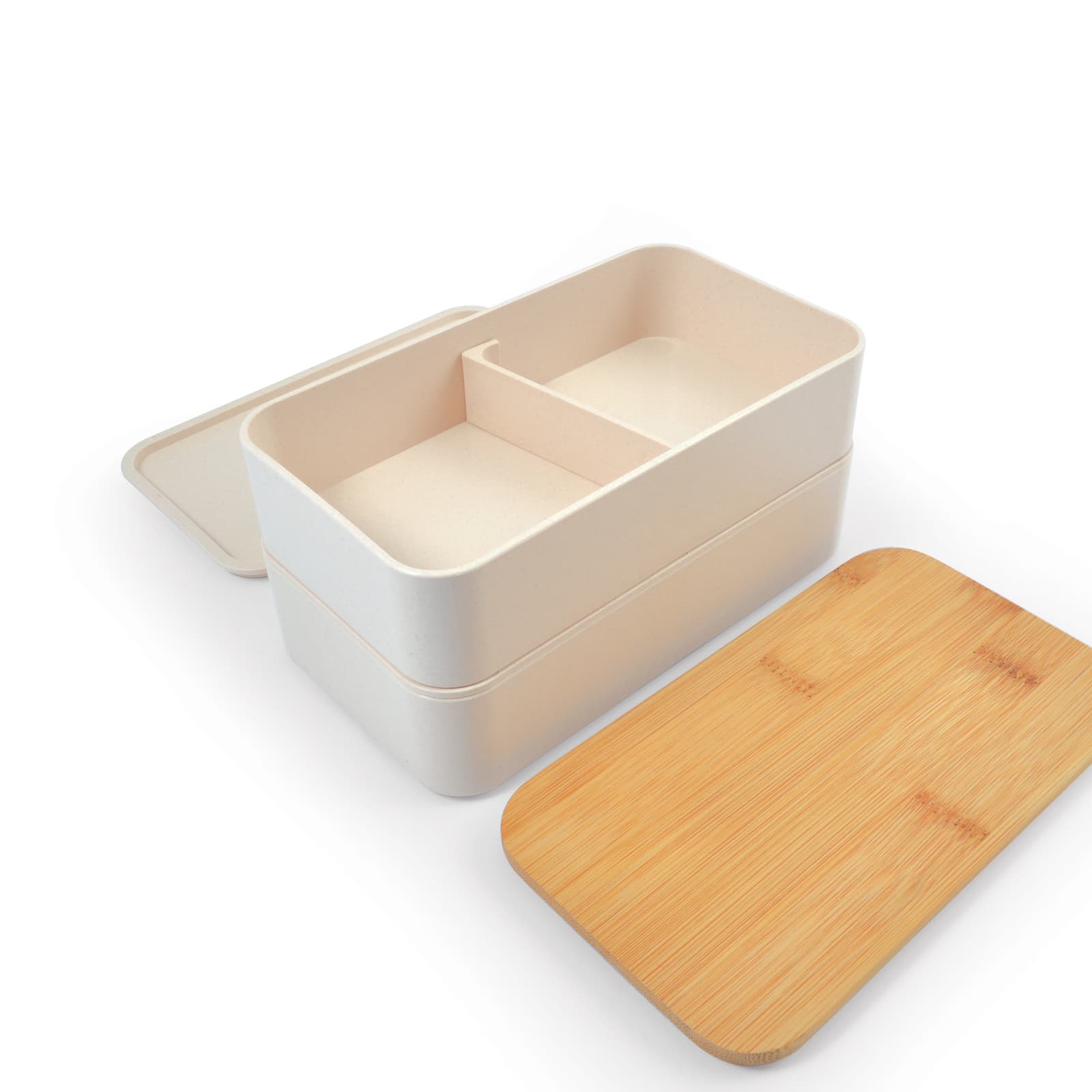A bamboo lunch box with a smooth, natural finish and rounded corners, featuring a minimalistic design.