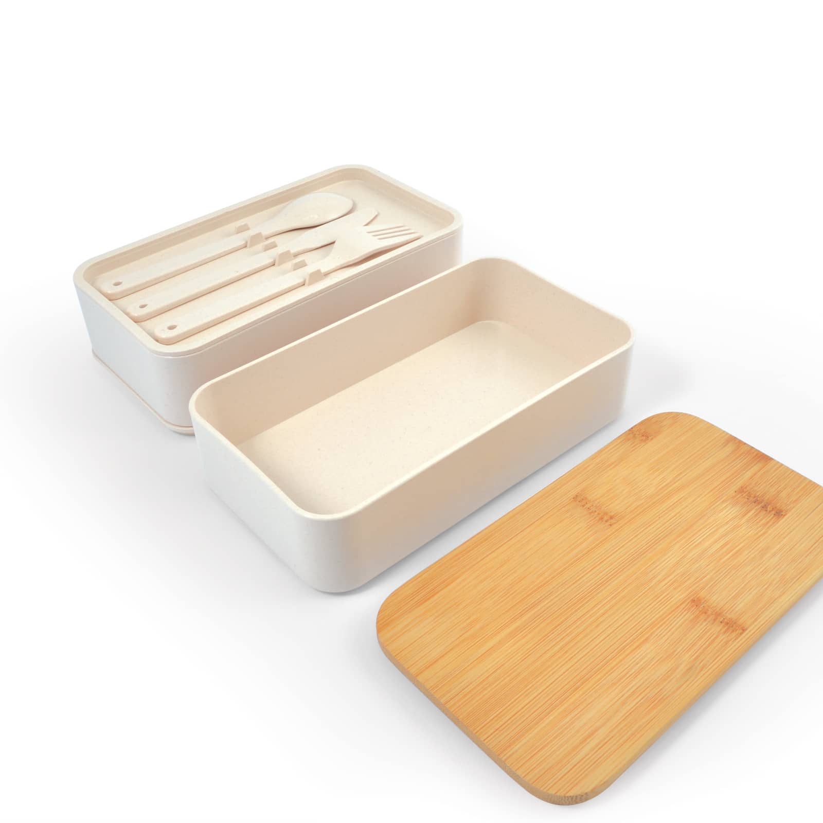 A Stax Eco Lunch Box in soft pink with a bamboo lid and a black elastic strap for secure closure.
