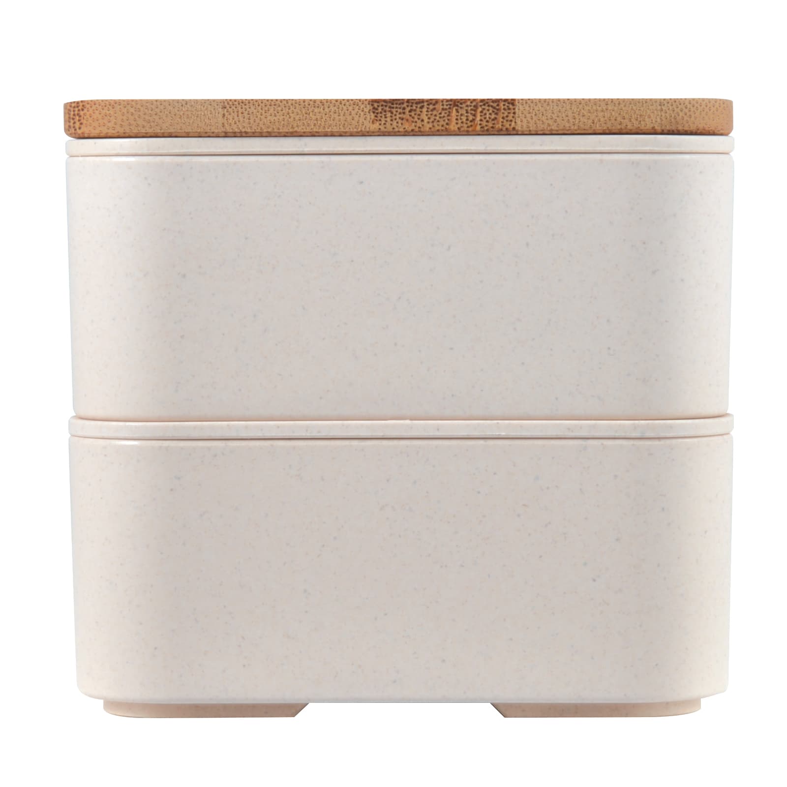 A pink lunch box with a bamboo lid featuring a logo, open to reveal a divided interior.
