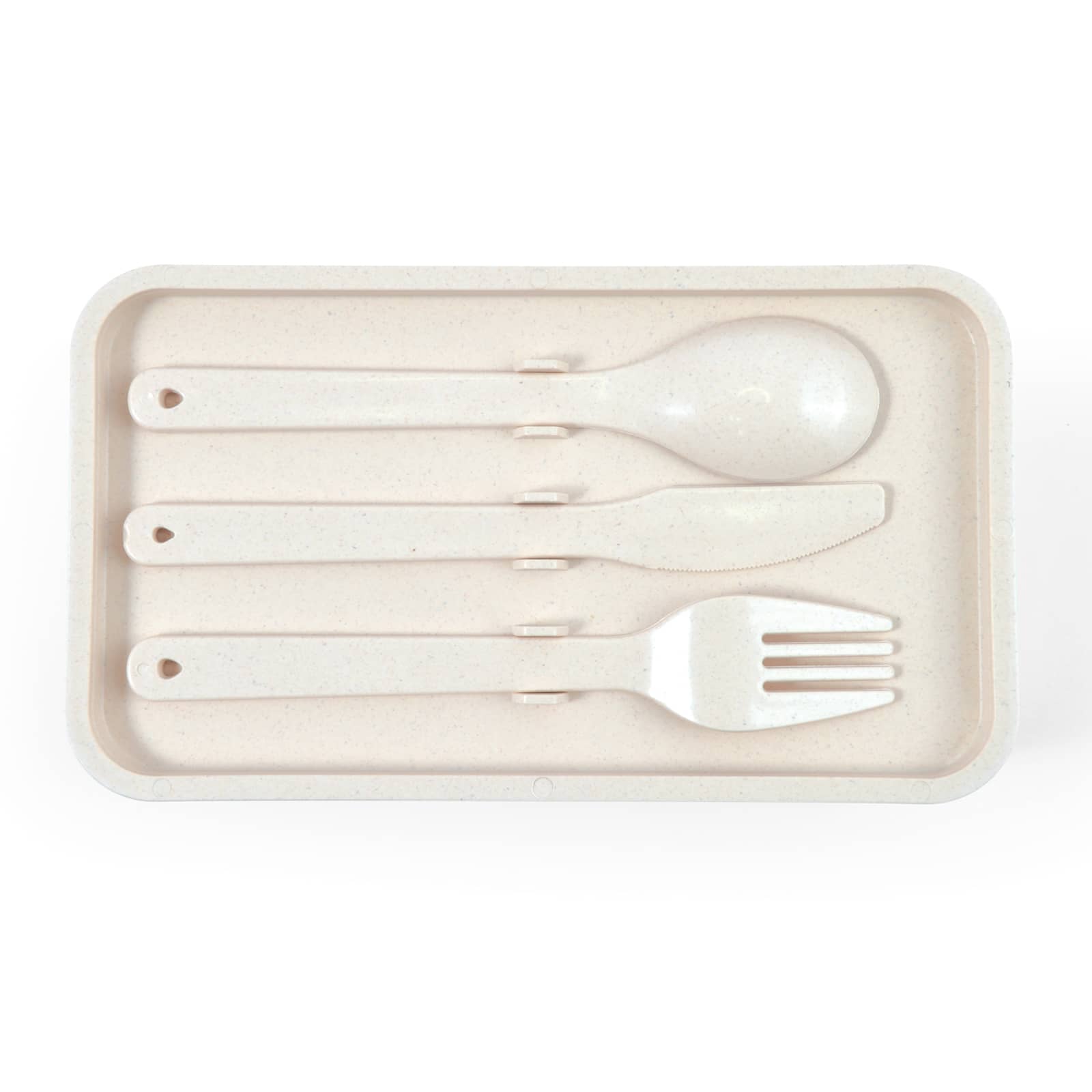 A Stax Eco Lunch Box in beige with a bamboo lid and utensils, featuring a divided interior for organisation.