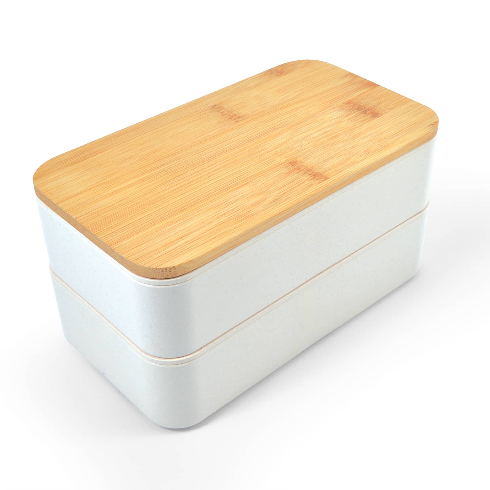A pink two-tier lunch box with a bamboo lid and a smooth finish, featuring a logo on the side.