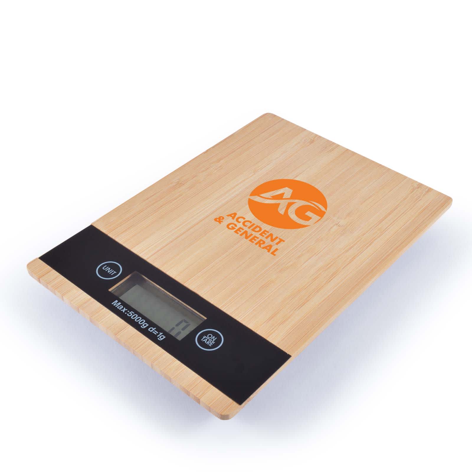 A wooden kitchen scale with a digital display and the logo 