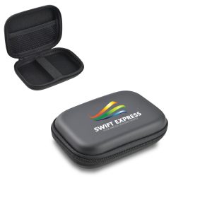 A small black EVA zipper case with a logo, featuring an interior mesh pocket and open storage area.