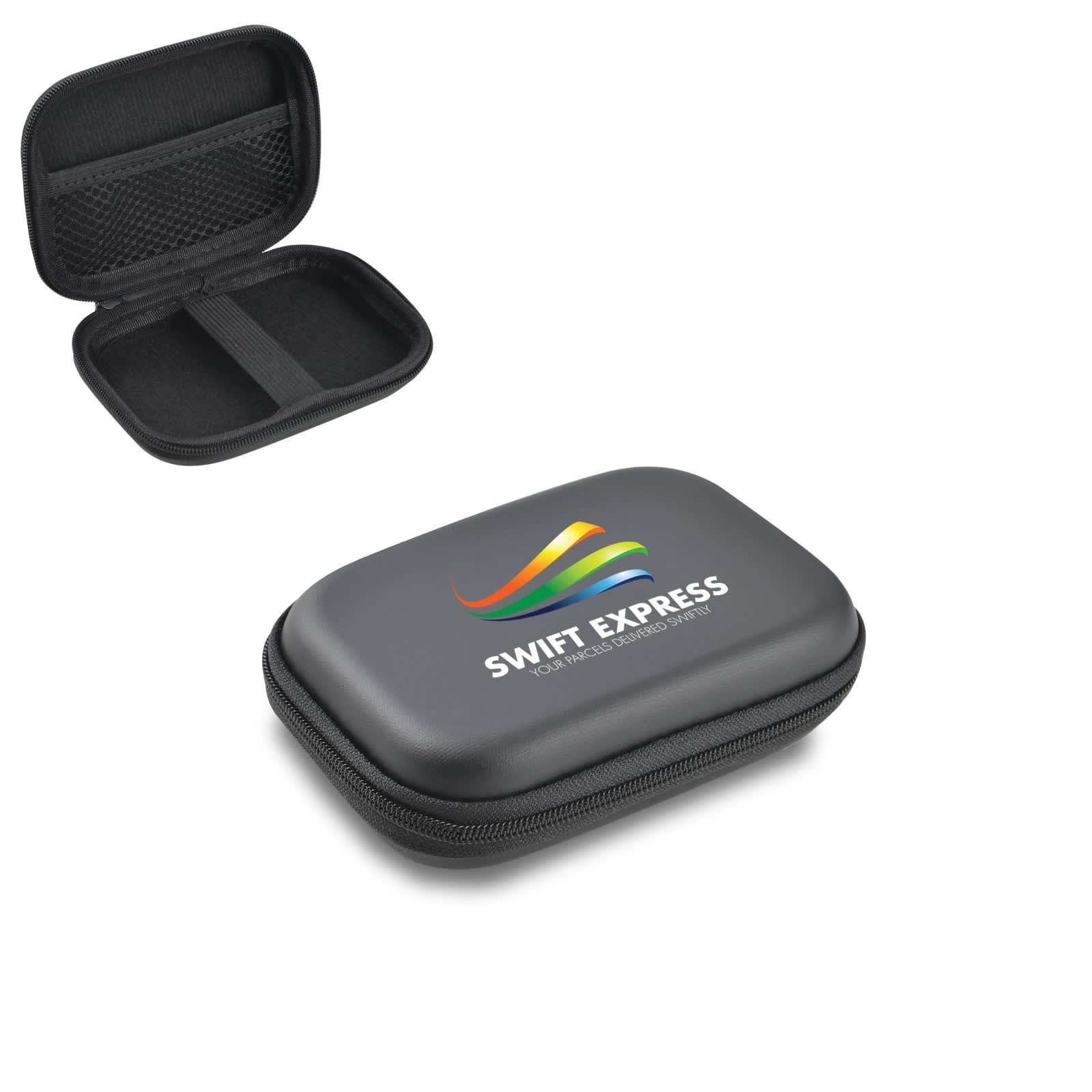 A small black EVA zipper case with a logo, featuring an interior mesh pocket and open storage area.