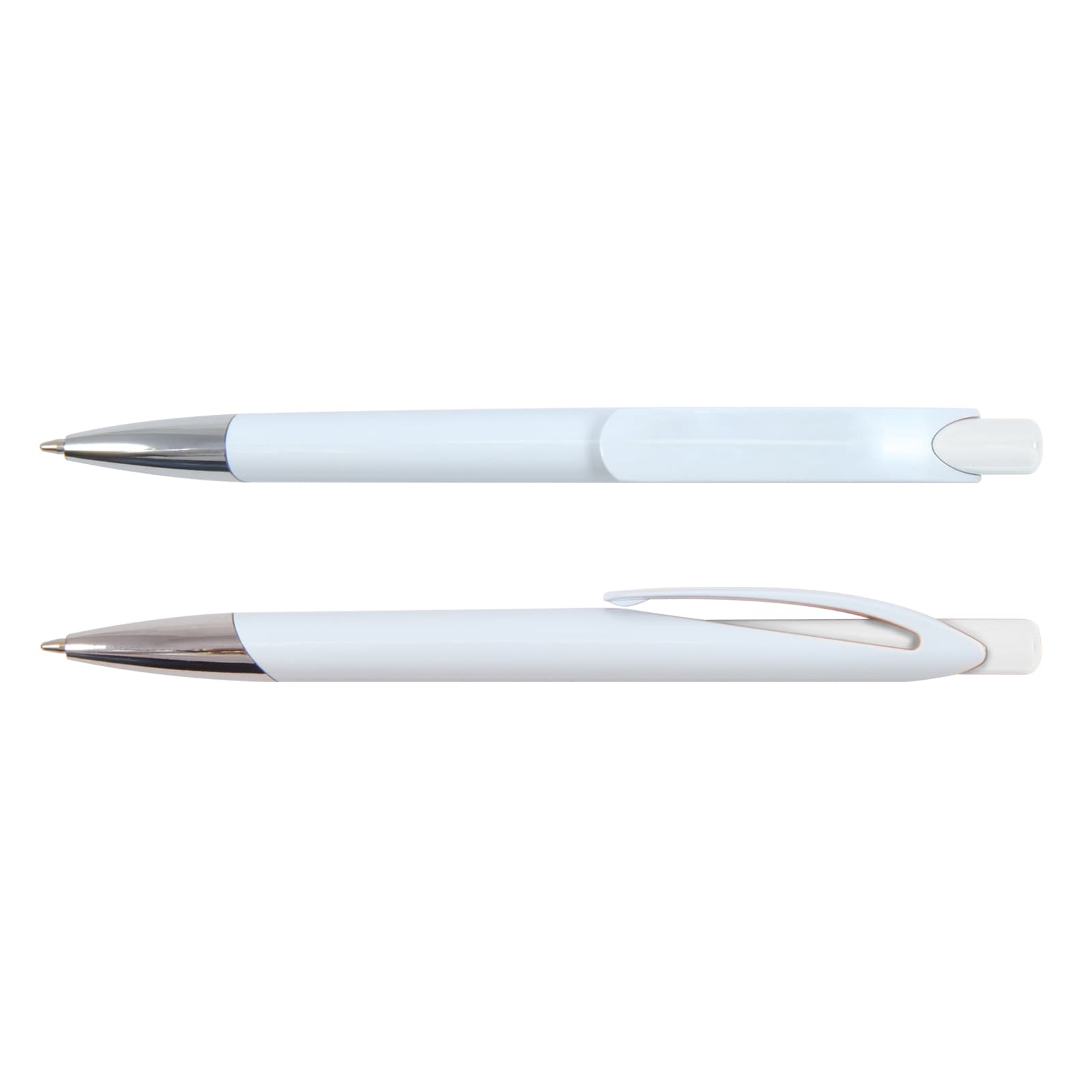 A white plastic pen with a silver clip and tip, featuring a smooth design and a glossy finish.