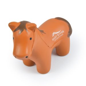 A brown horse-shaped stress reliever with a smooth finish, featuring a logo on its side.