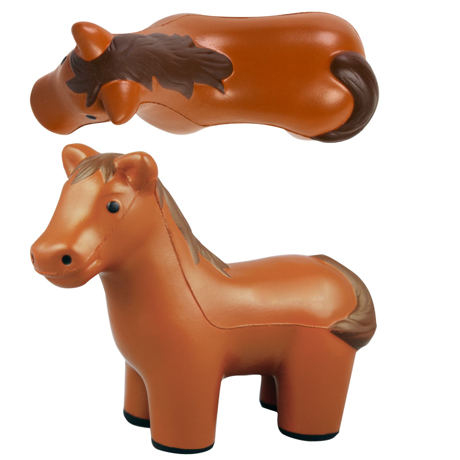 A brown horse-shaped stress reliever with black accents and a logo on the side, designed for fun and relaxation.