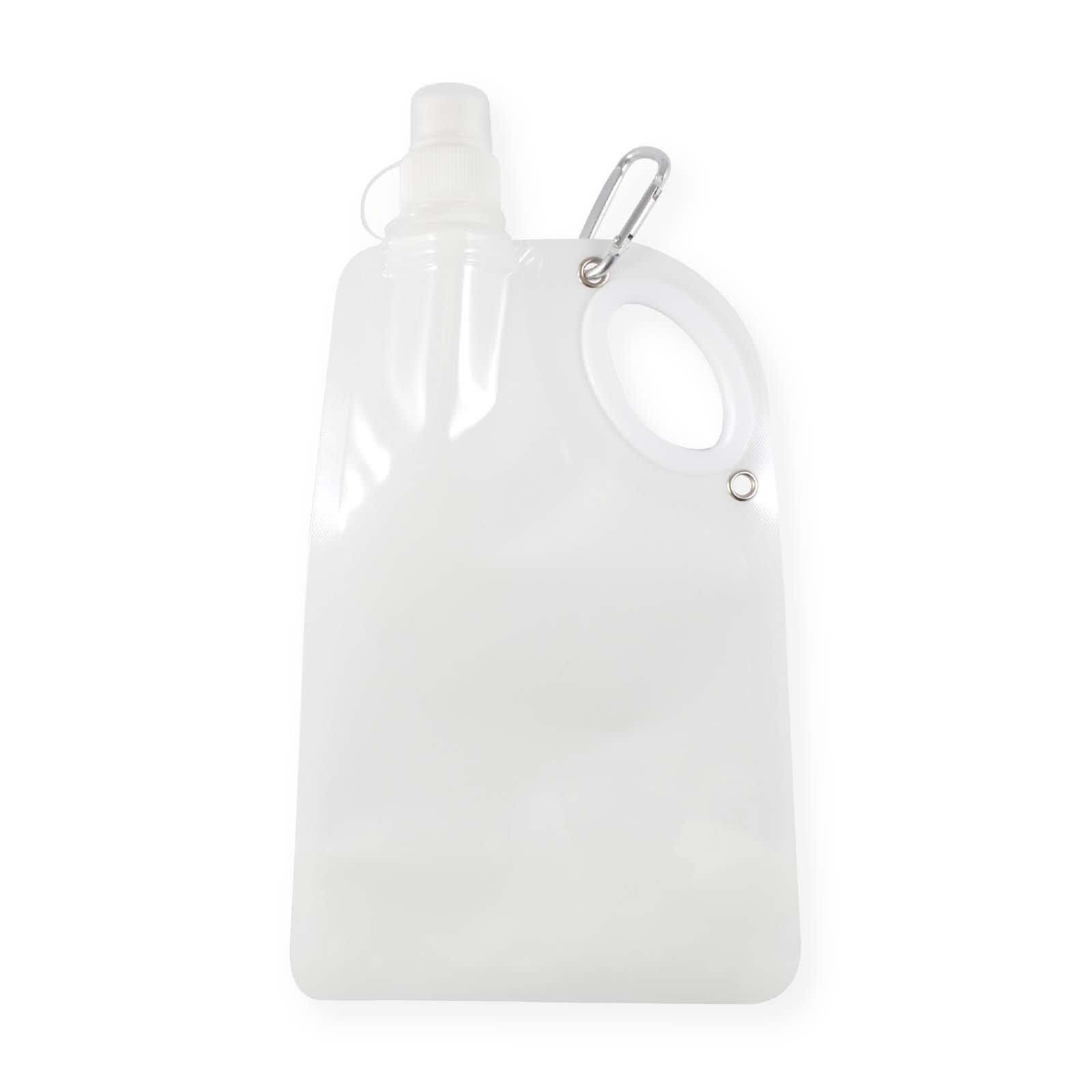 A drink bottle in clear plastic with a carabiner clip and a wide opening for easy filling and carrying.