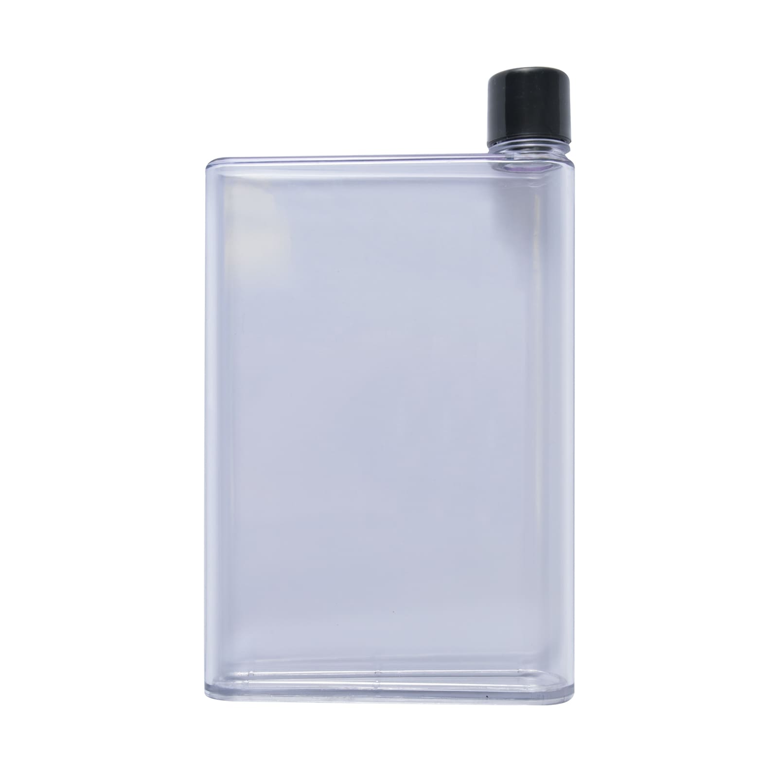A drink bottle featuring a sleek, minimalist design with a transparent body and a black cap.