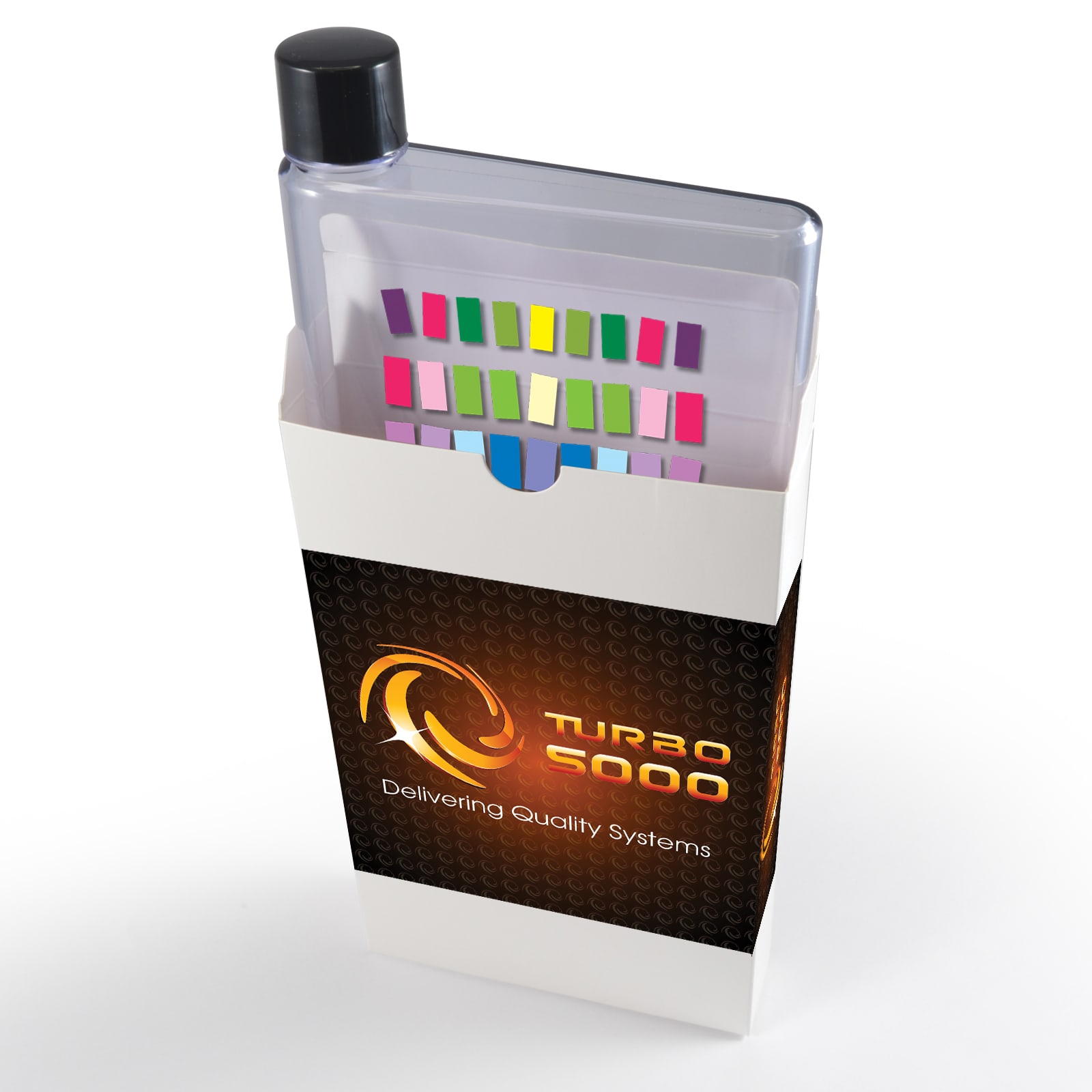 A drink bottle in a sleek design, contained within a stylish box featuring a logo. The bottle is clear with a black lid.