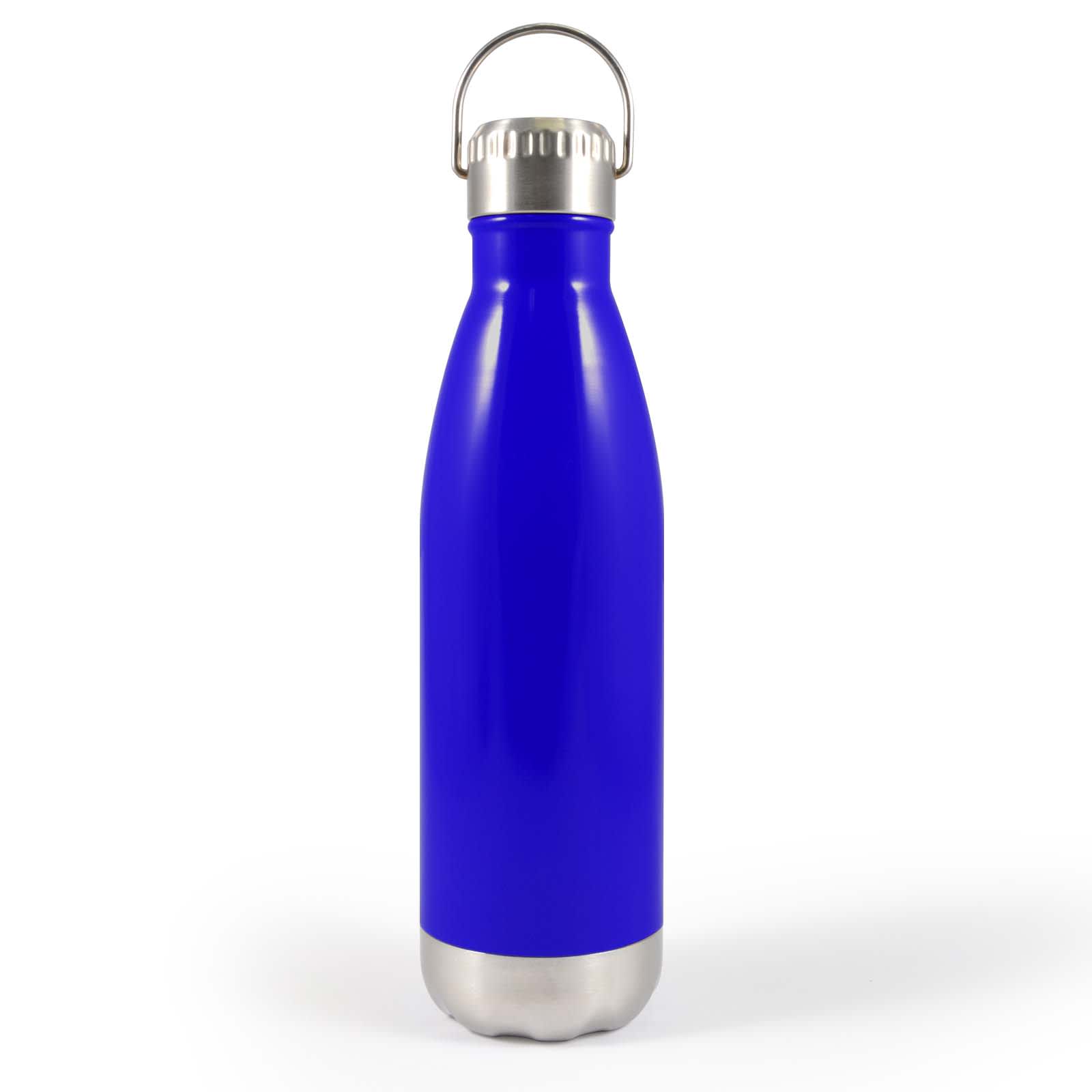 A drink bottle featuring a sleek blue design with a silver base and a hanger lid for easy carrying.