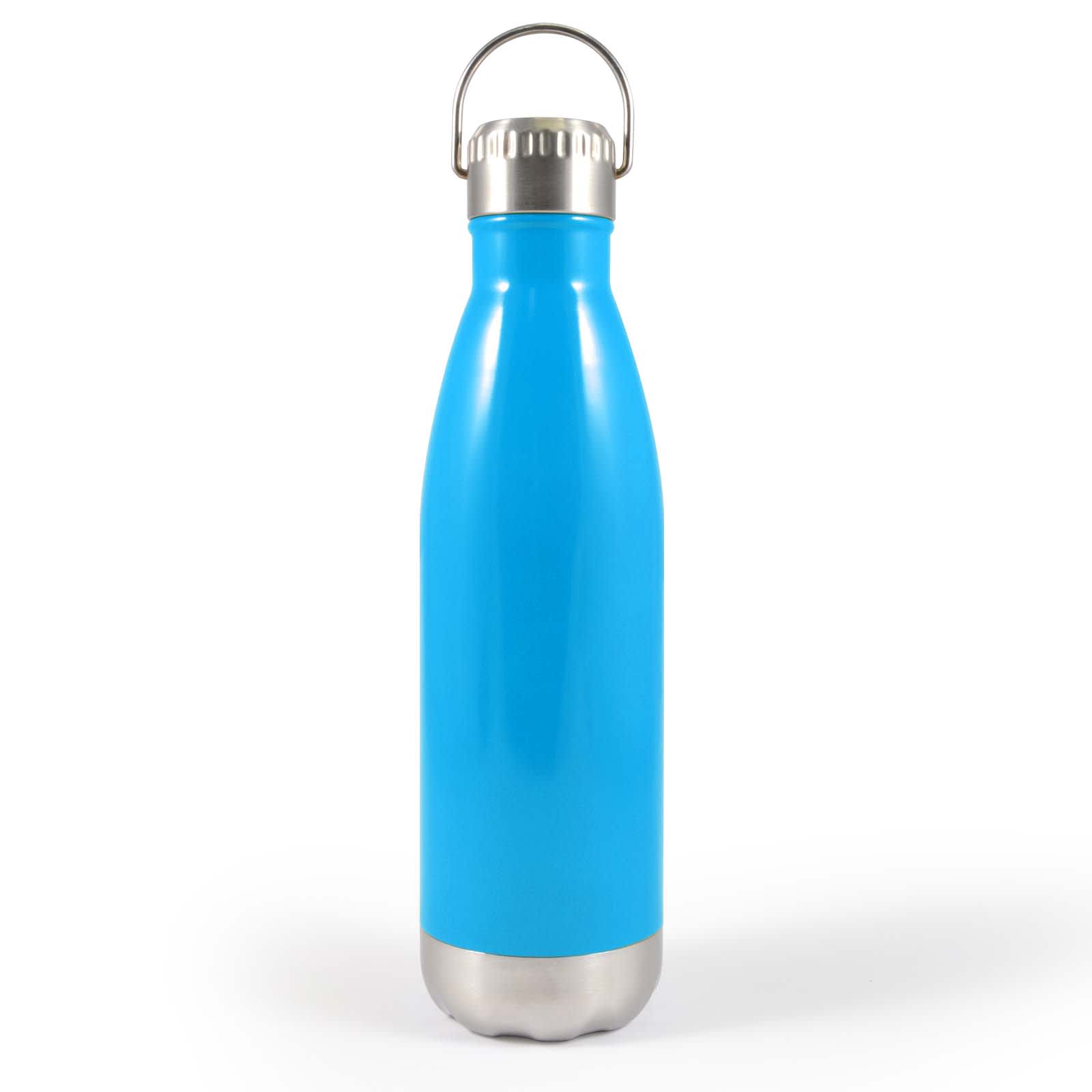 A drink bottle in a sleek blue design with a stainless steel base and a metal hanger lid.