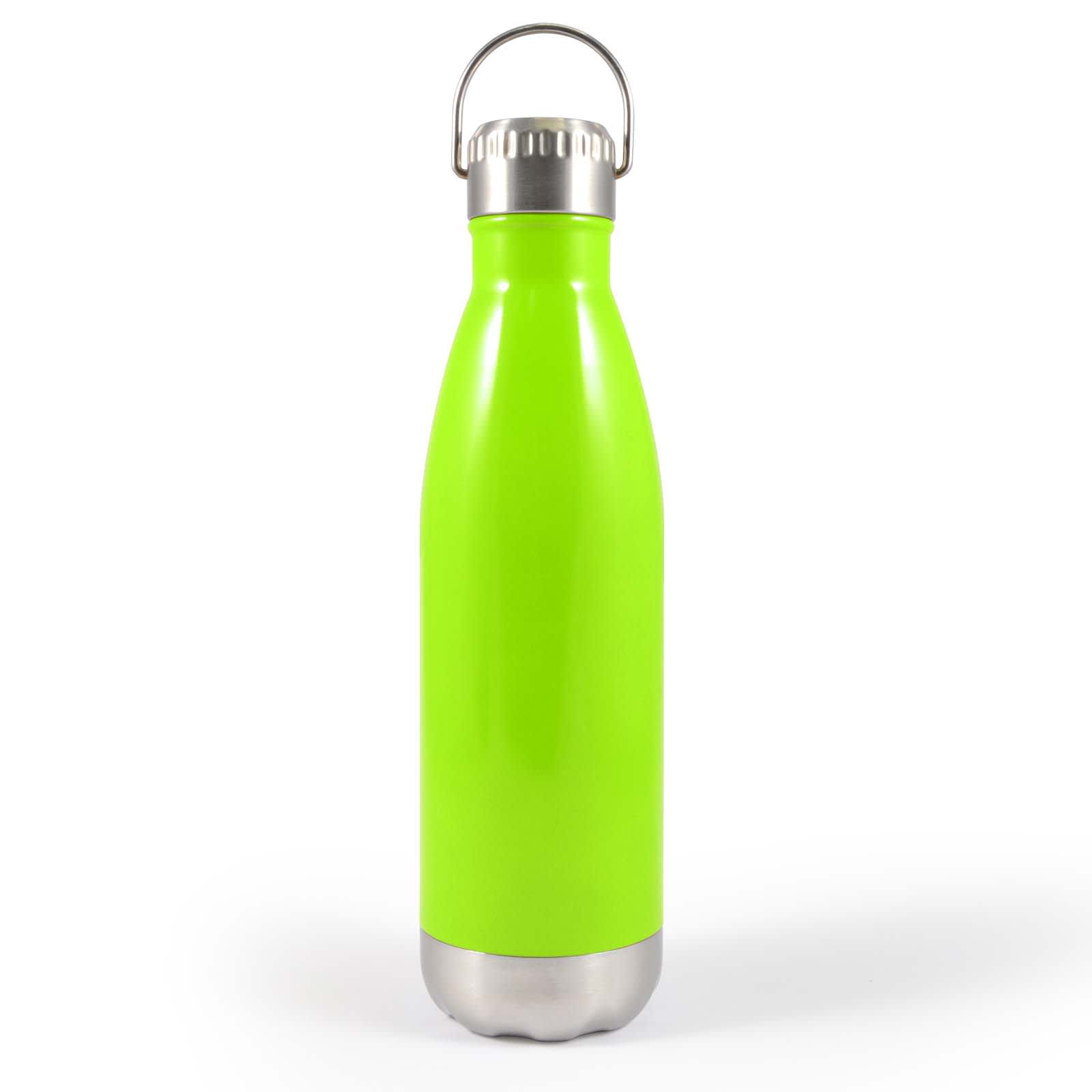 A drink bottle features a vibrant green exterior with a stainless steel bottom and a metal hanger lid.