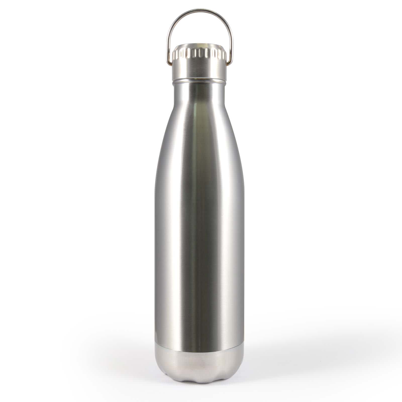 A drink bottle with a sleek stainless steel design and a hanger lid for easy carrying.