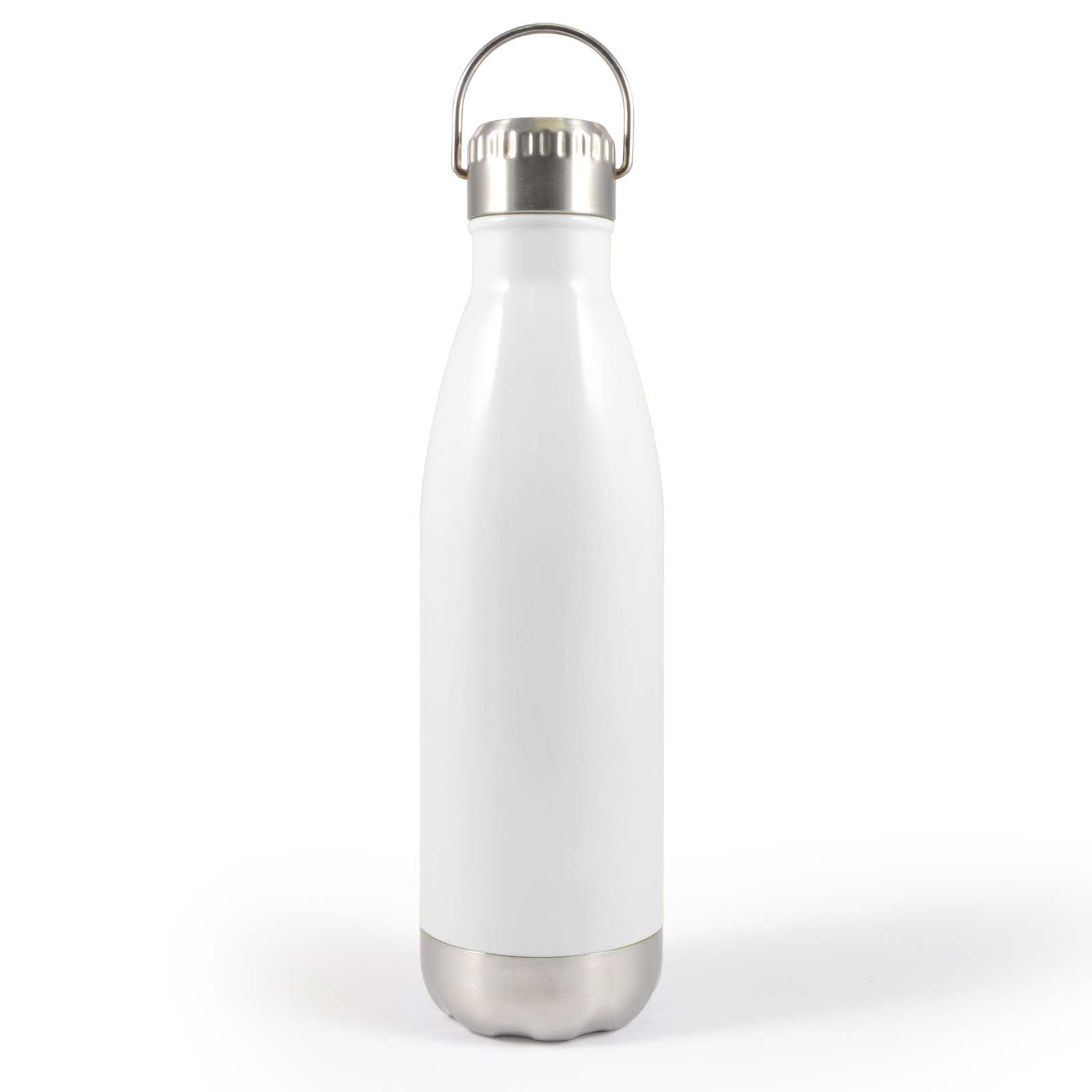 A drink bottle in white with a stainless steel base and a hanger lid, featuring a logo on the body.