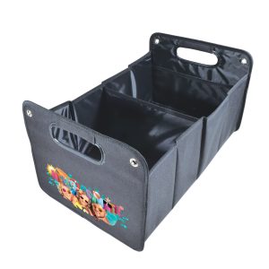 A gray cargo storage organizer with two compartments and handles, featuring a colorful design on one side.
