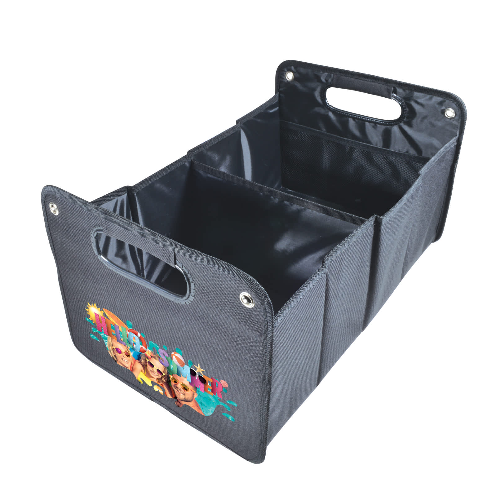 A gray cargo storage organizer with two compartments and handles, featuring a colorful design on one side.