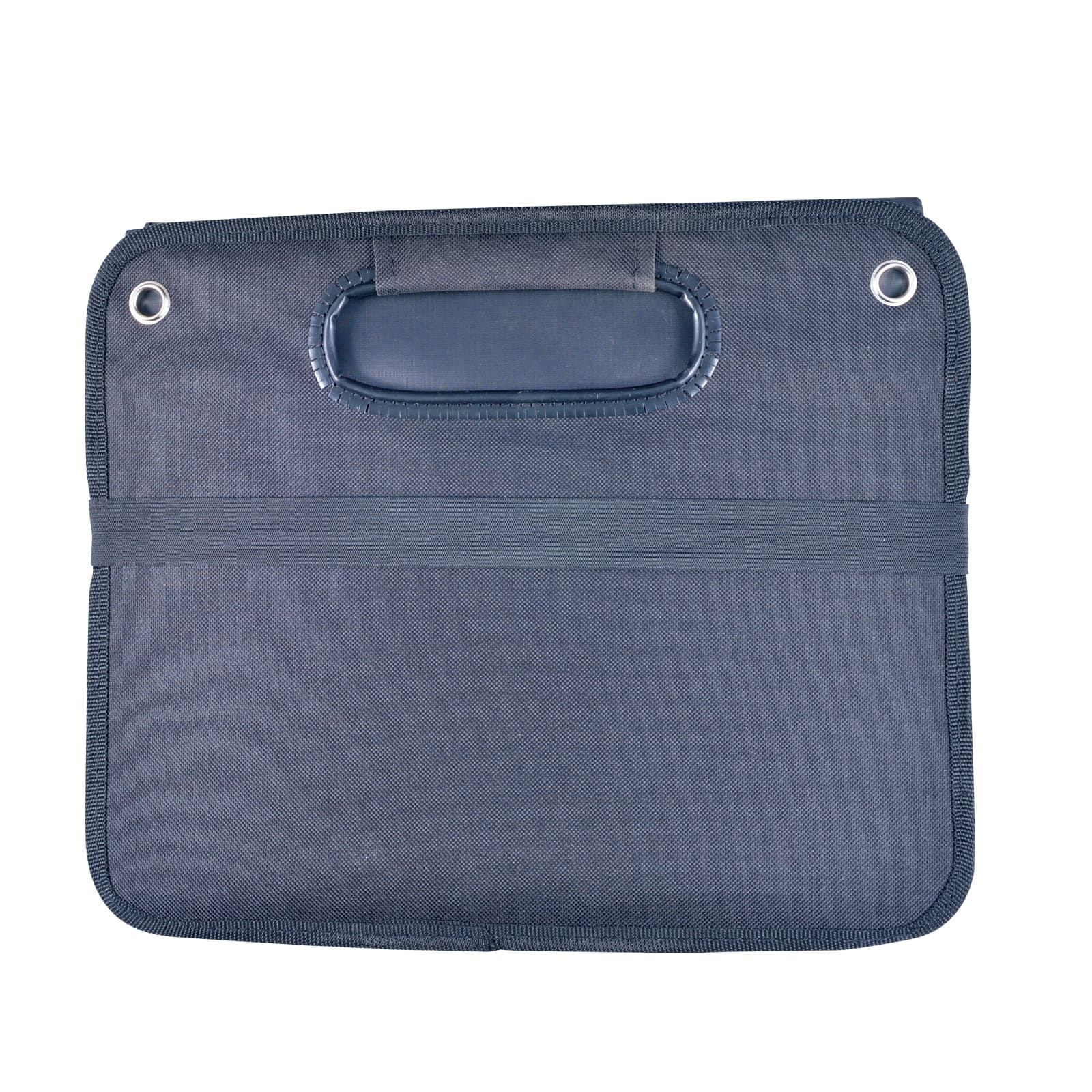 A cargo storage organiser featuring a sturdy fabric exterior, carrying handle, and elastic bands for securing items.
