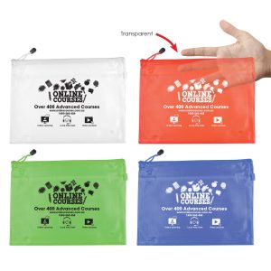 A transparent pouch in white, green, red, and blue, featuring a zipper and a logo.
