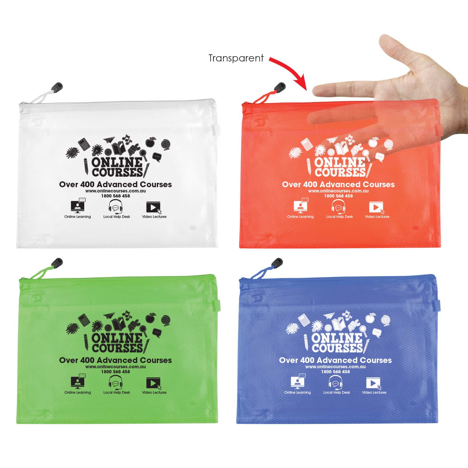 A transparent pouch in white, green, red, and blue, featuring a zipper and a logo.