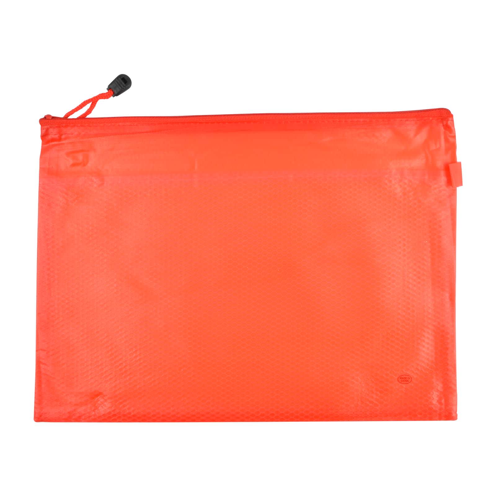 An orange PVC pouch with a zip closure and a drawstring, featuring a textured surface and a branding logo.