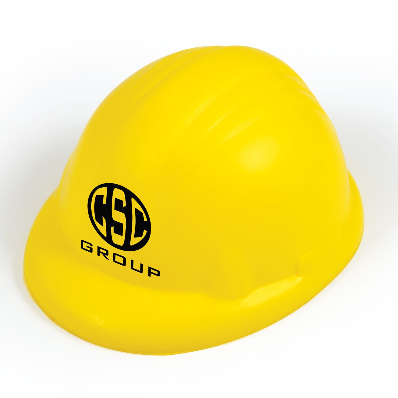 A yellow hard hat stress reliever with the logo 
