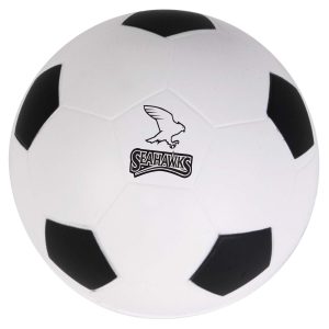 A soccer ball stress reliever featuring a classic black and white design with a printed "Seahawks" logo.