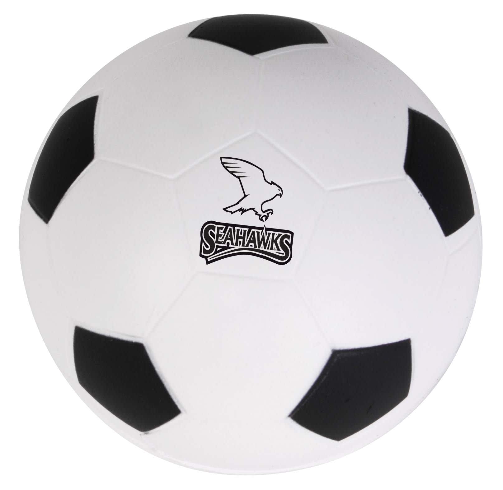 A soccer ball stress reliever featuring a classic black and white design with a printed 