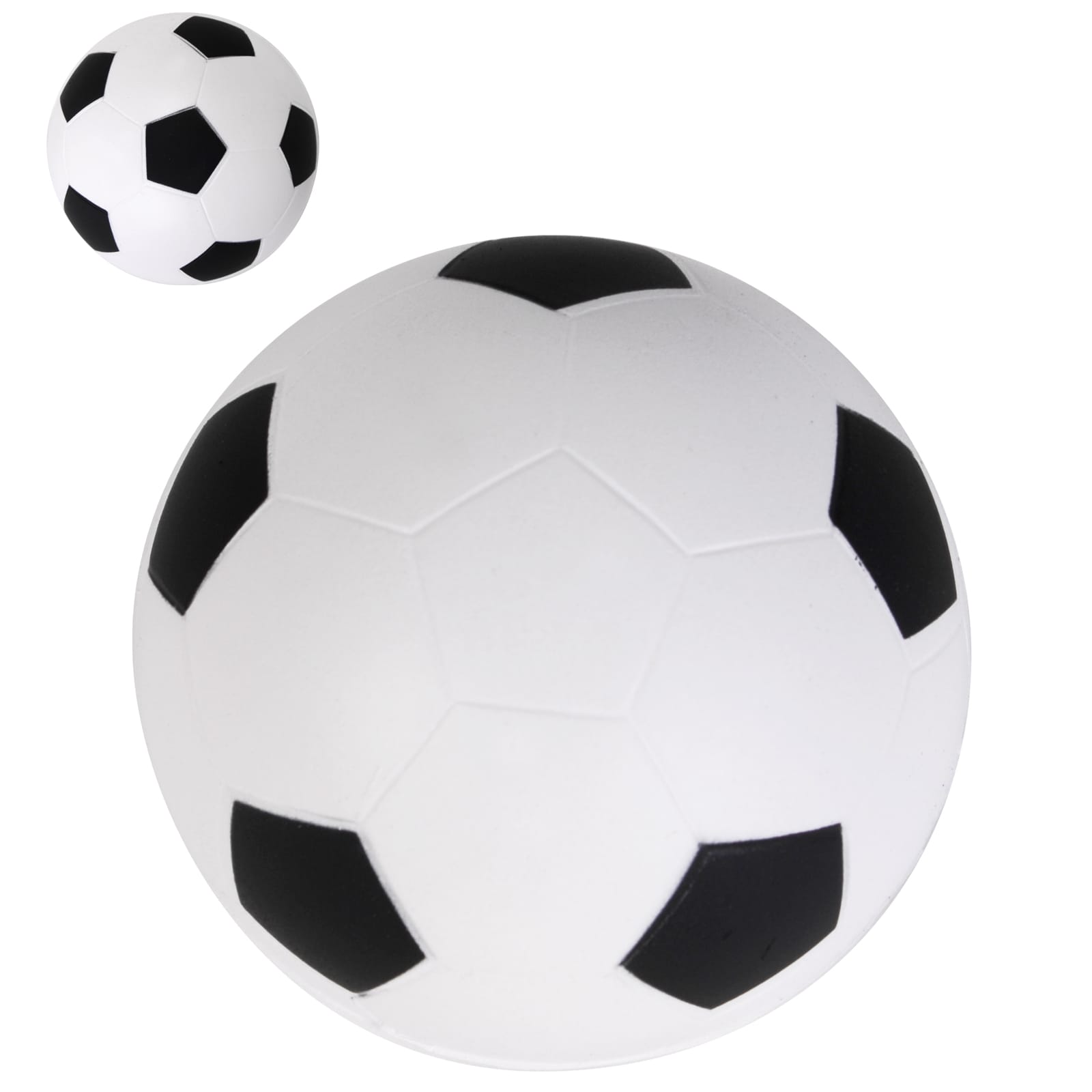 A white soccer ball stress reliever with black pentagonal patches, featuring a logo.
