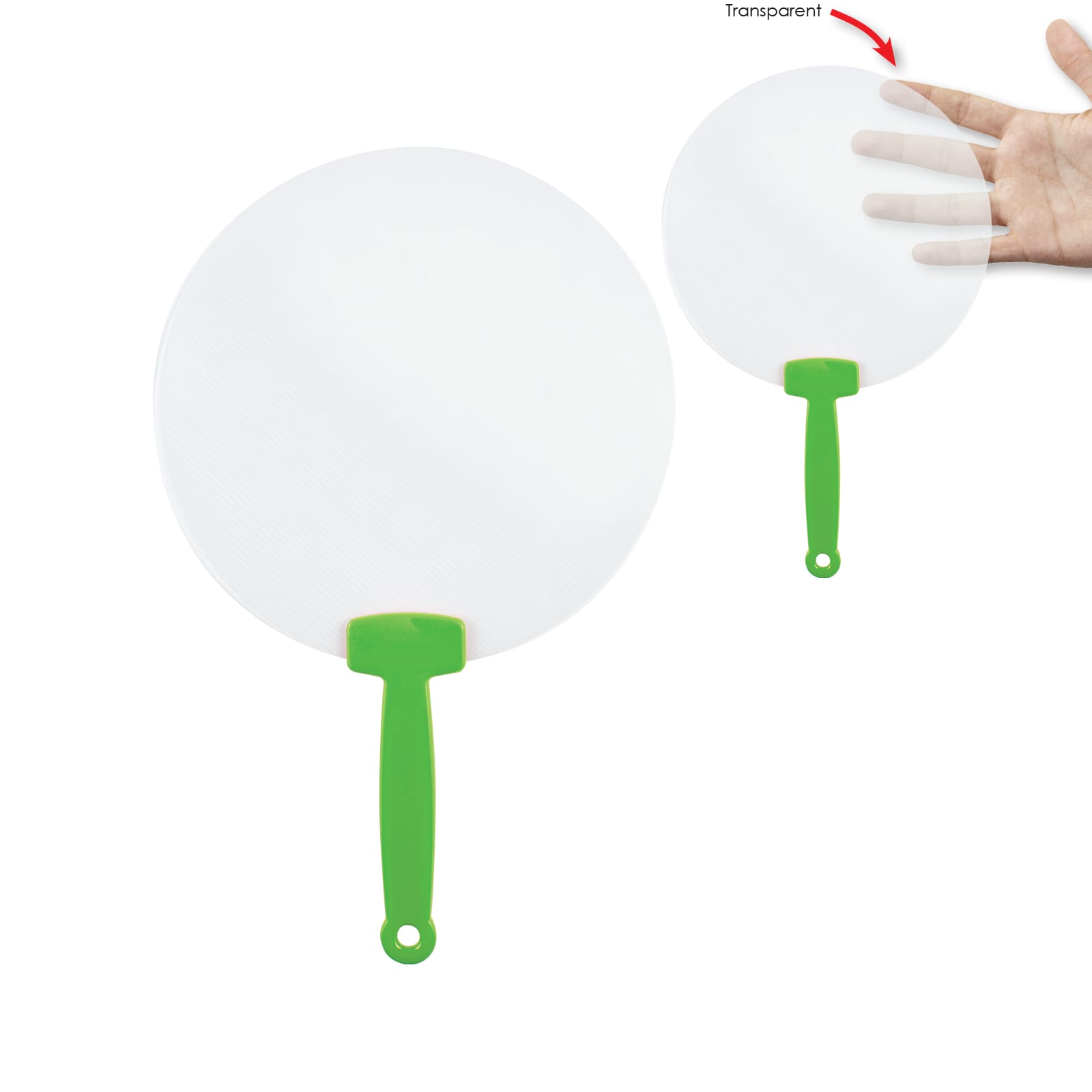 A circular, transparent fan with a green handle, positioned alongside a hand for scale.