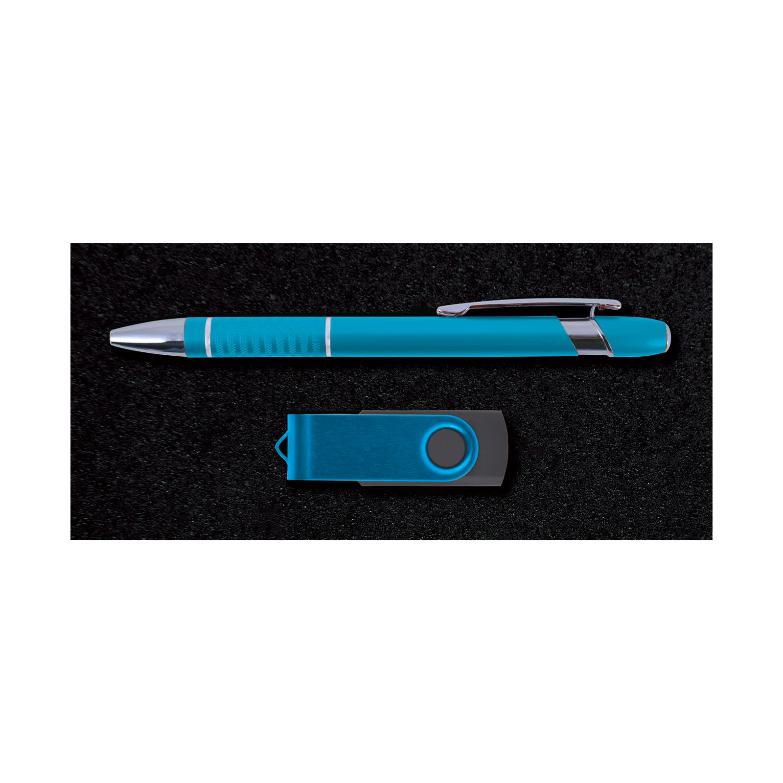 A turquoise pen and a matching USB flash drive, presented in a black gift box with a logo.