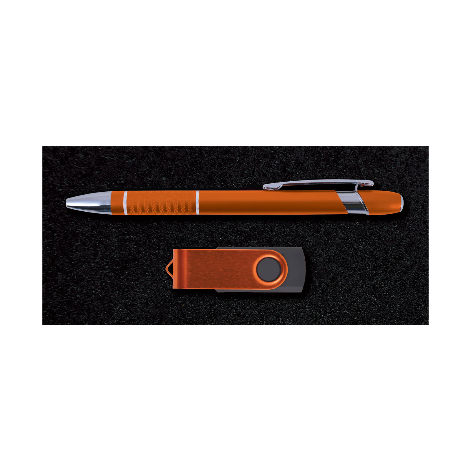 A pen and a USB flash drive are arranged on a dark background, showcasing the Alliance Gift Set.