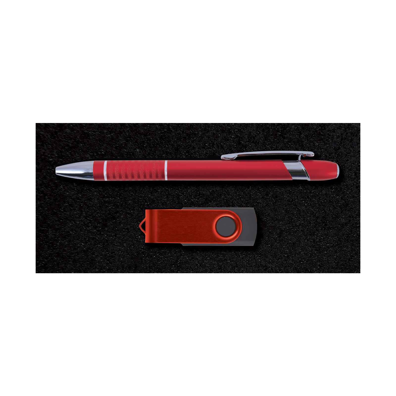 A red pen and a red USB flash drive are presented on a black textured background. The pen has a silver clip.