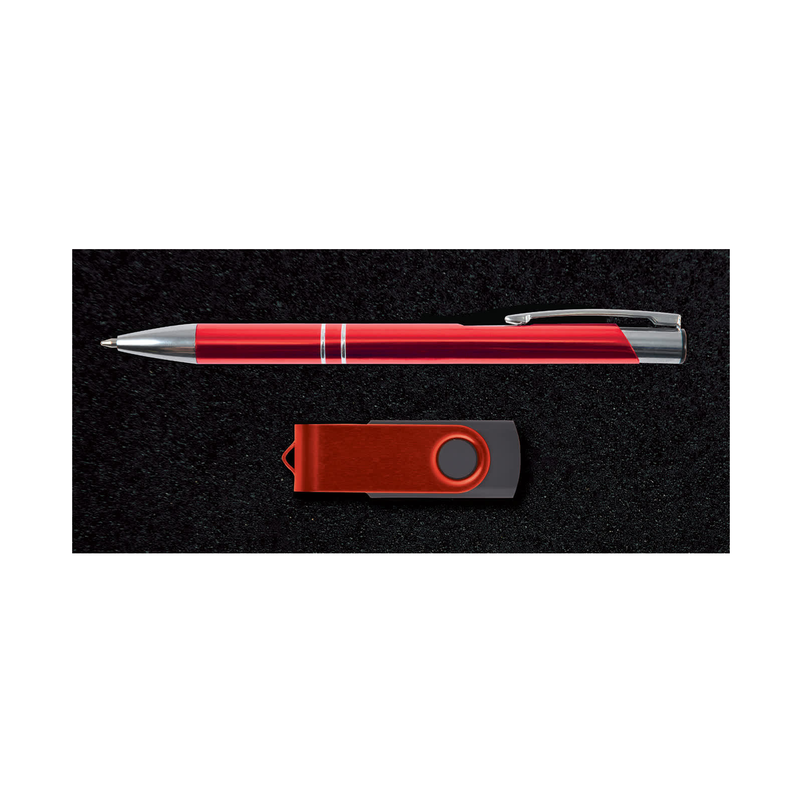 A red pen and a red USB flash drive on a black background, presented in a sleek gift set.