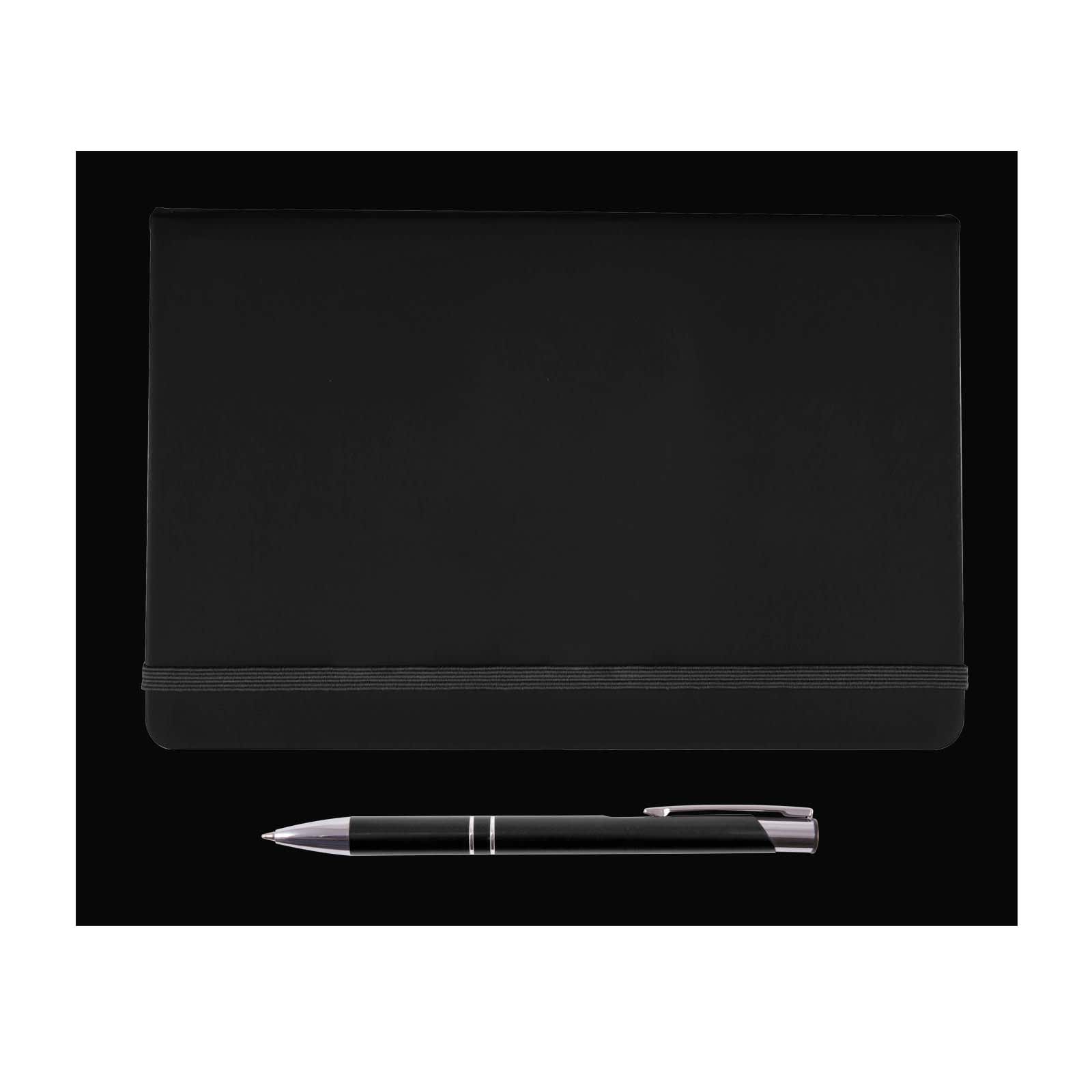 A black notebook with a sleek cover and an elastic band, accompanied by a silver and black pen.