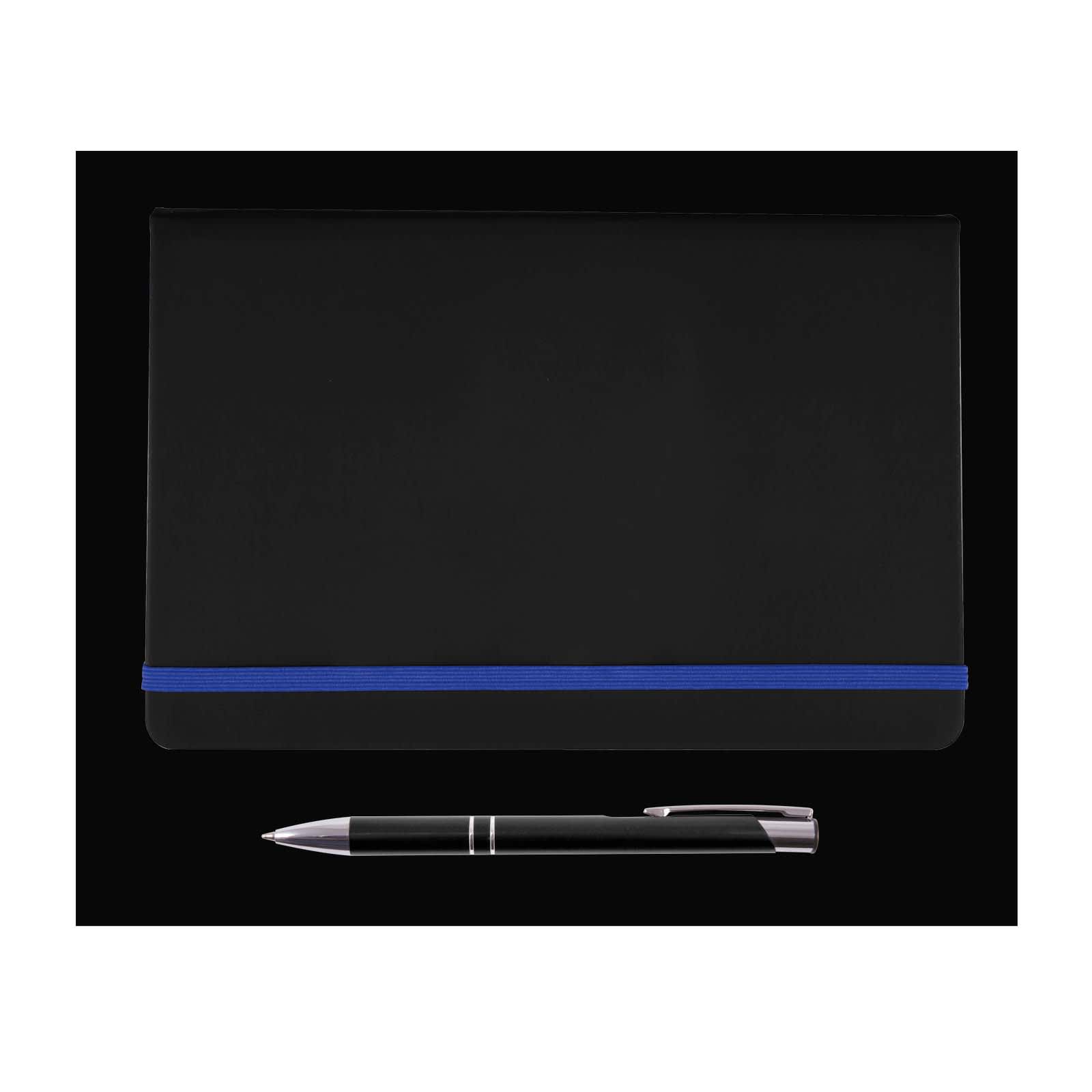A black notebook with a blue elastic band and a silver pen.