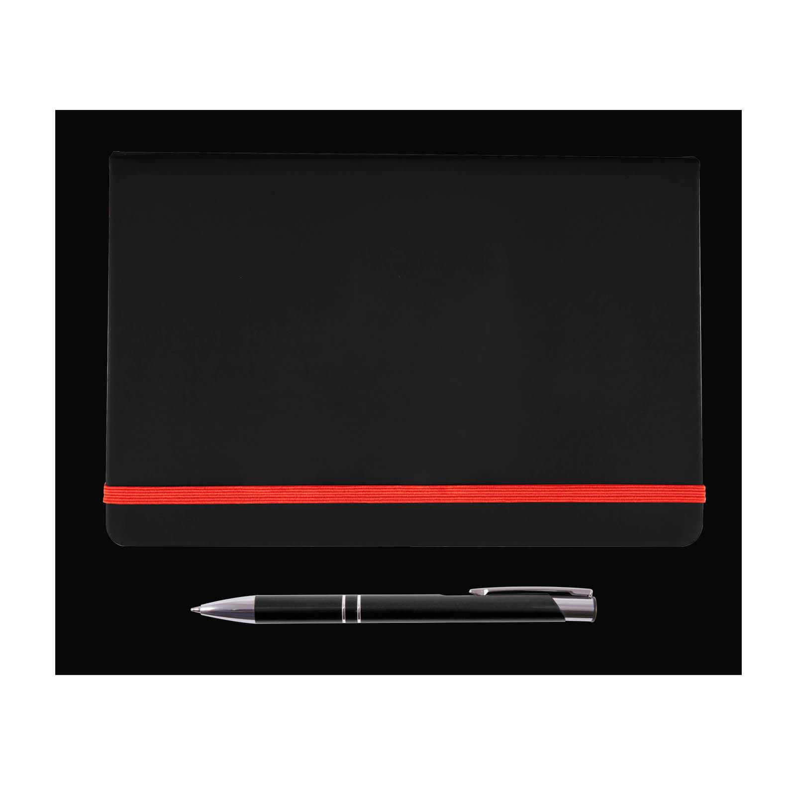 A sleek black notebook with a red elastic band and a stainless steel pen positioned beside it.