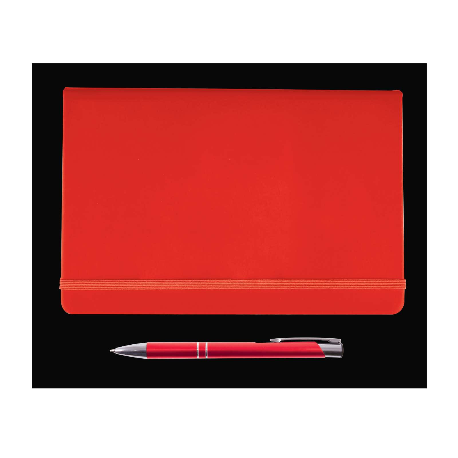 A red notebook with an elastic band closure and a matching red pen are featured in the Harmony Gift Set.