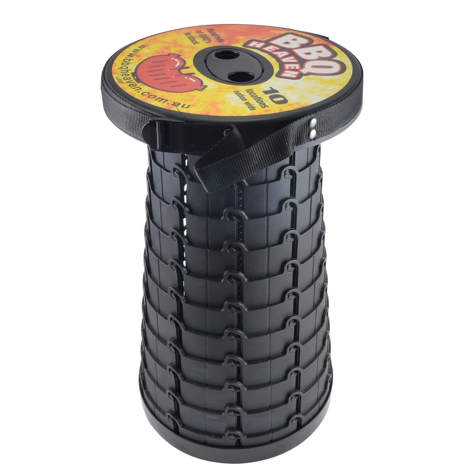 A black, circular stool with a handle, featuring two openings on the top surface.