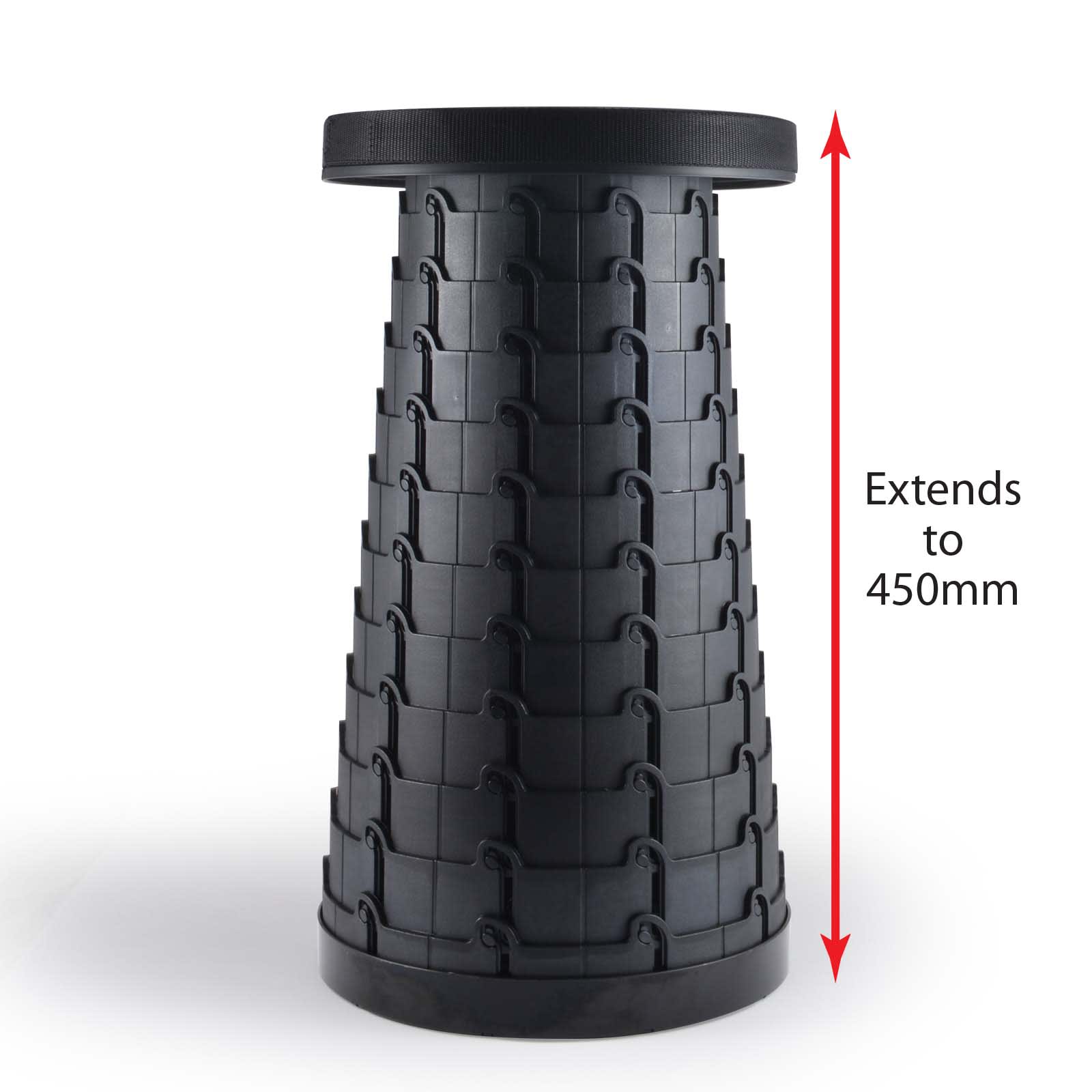 A black telescopic stool with a patterned exterior, extending up to 450mm in height. It features a circular top.